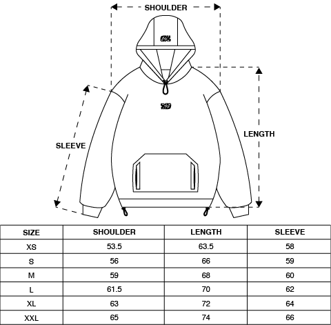 Size information for ICONS HOOD - BLACK / GREY