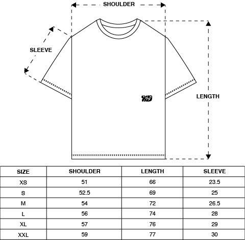 Size information for ICONS TEE - BLACK / GREY